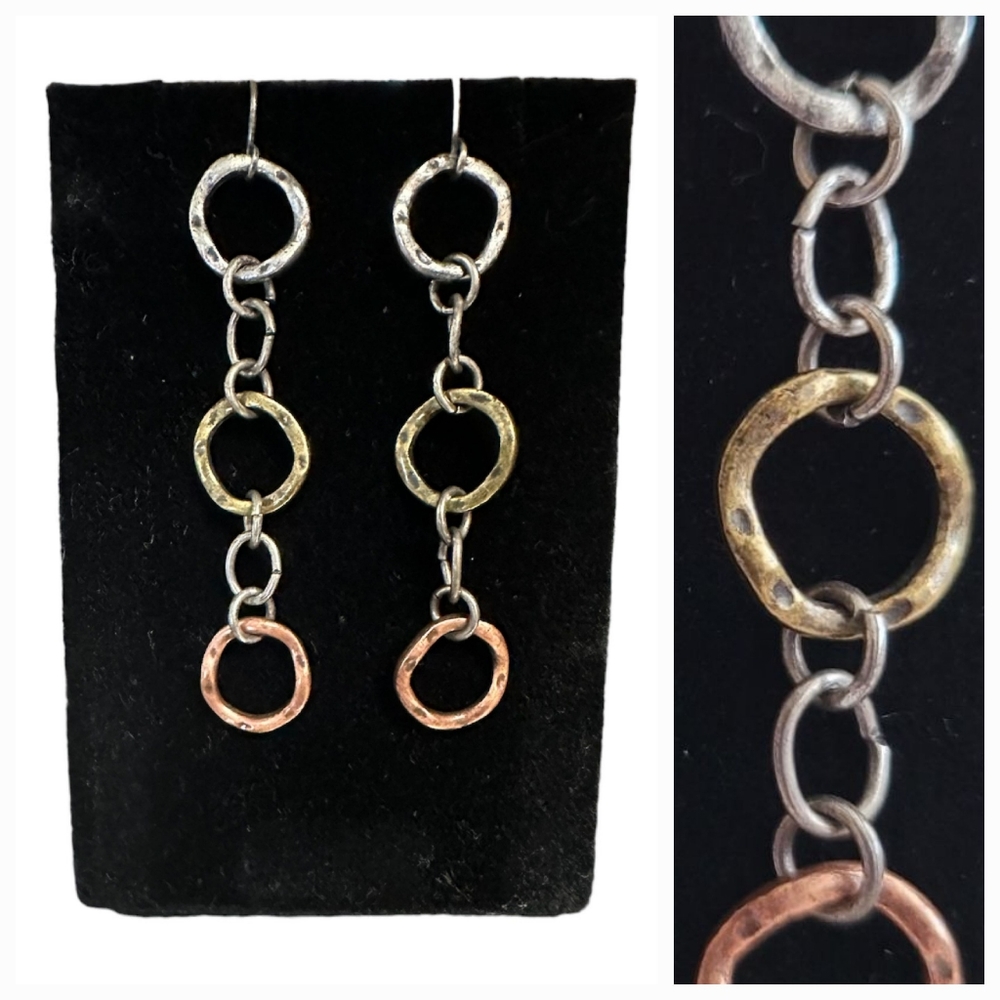 Tri-Color 3-Ring 2.5" Dangle Earrings | silvertone, goldtone & coppertone EUC
